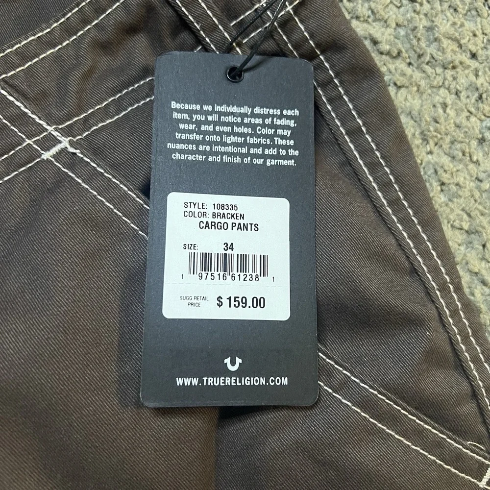 NWT True Religion Brand Jeans 108335 Men's Bracken Brown Cargo Pants Size 34x32‎